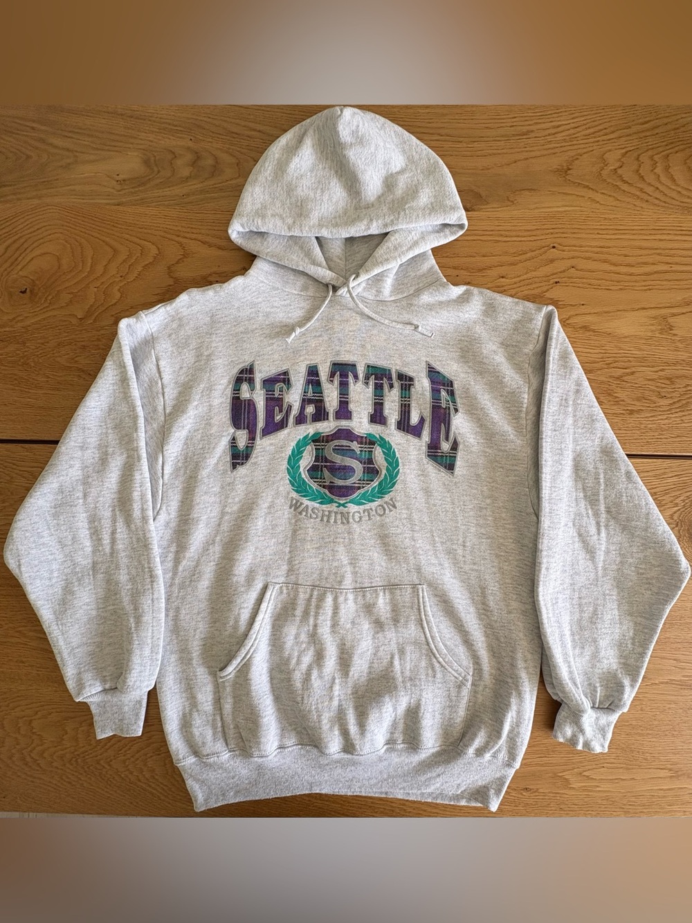 Vintage 90s Jerzees Seattle Hoodie Sweatshirt Plaid Spellout Made in USA L